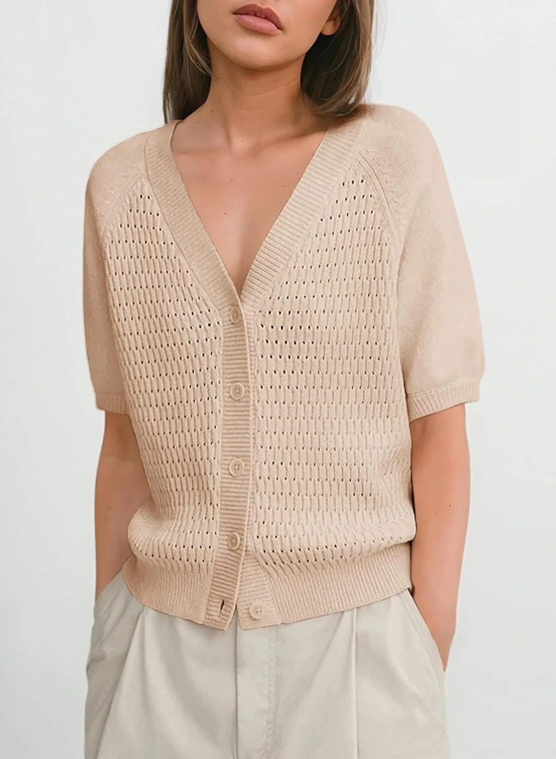 Dokotoo Womens Summer Tops 2024 Trendy V Neck Hollow Out Cropped Button Down Shirts Puff Sleeves Blouses