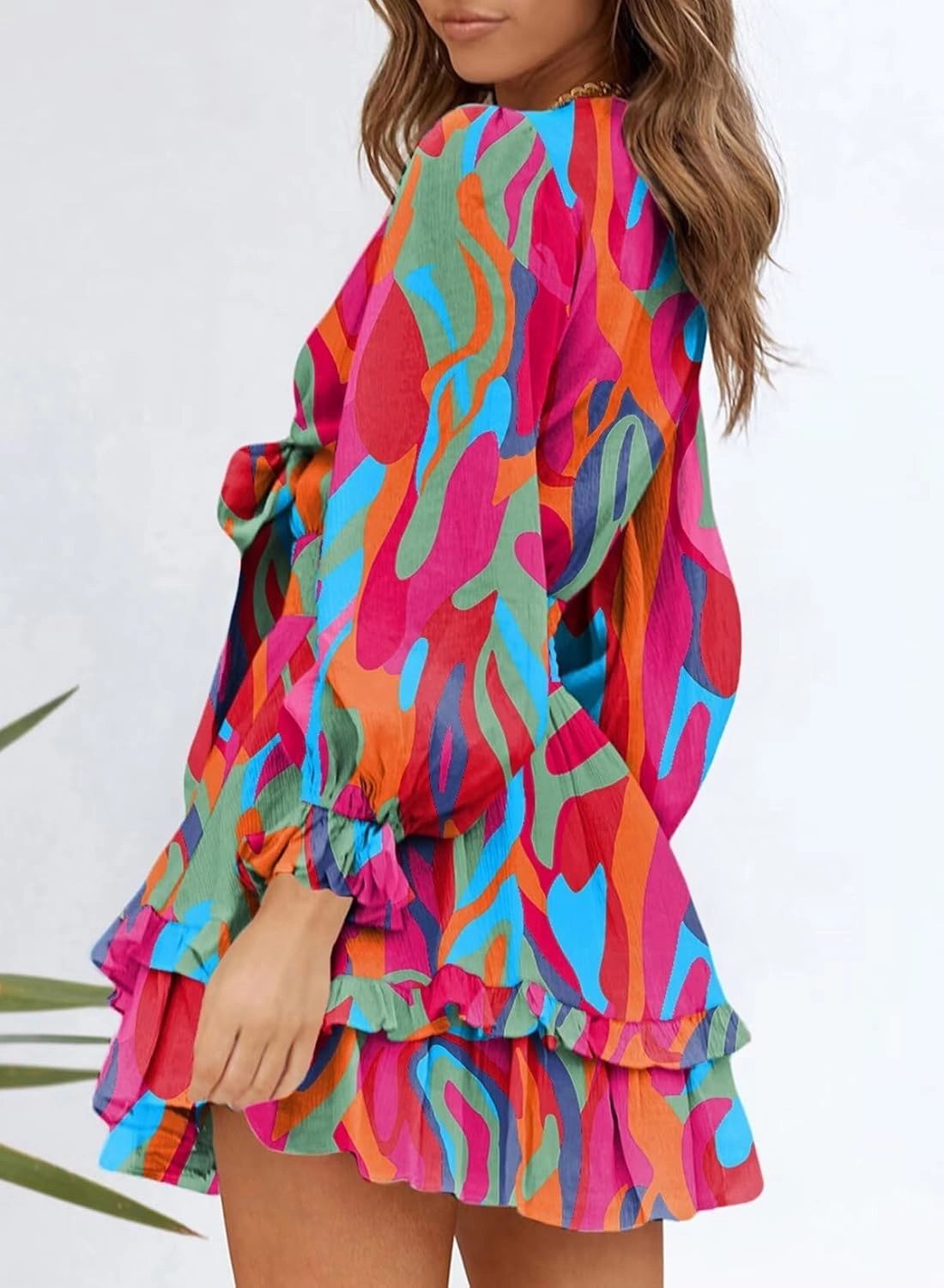Dokotoo Womens Casual Spring Summer 2025 Deep V Neck Knotted Tiered Chiffon Elegant Mini Short Swing Skater Dresses