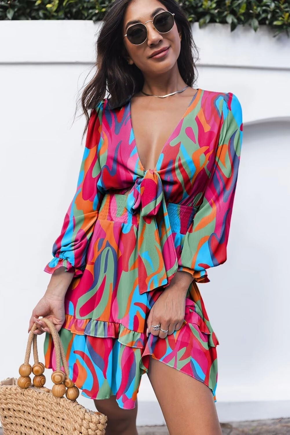 Dokotoo Womens Casual Spring Summer 2025 Deep V Neck Knotted Tiered Chiffon Elegant Mini Short Swing Skater Dresses