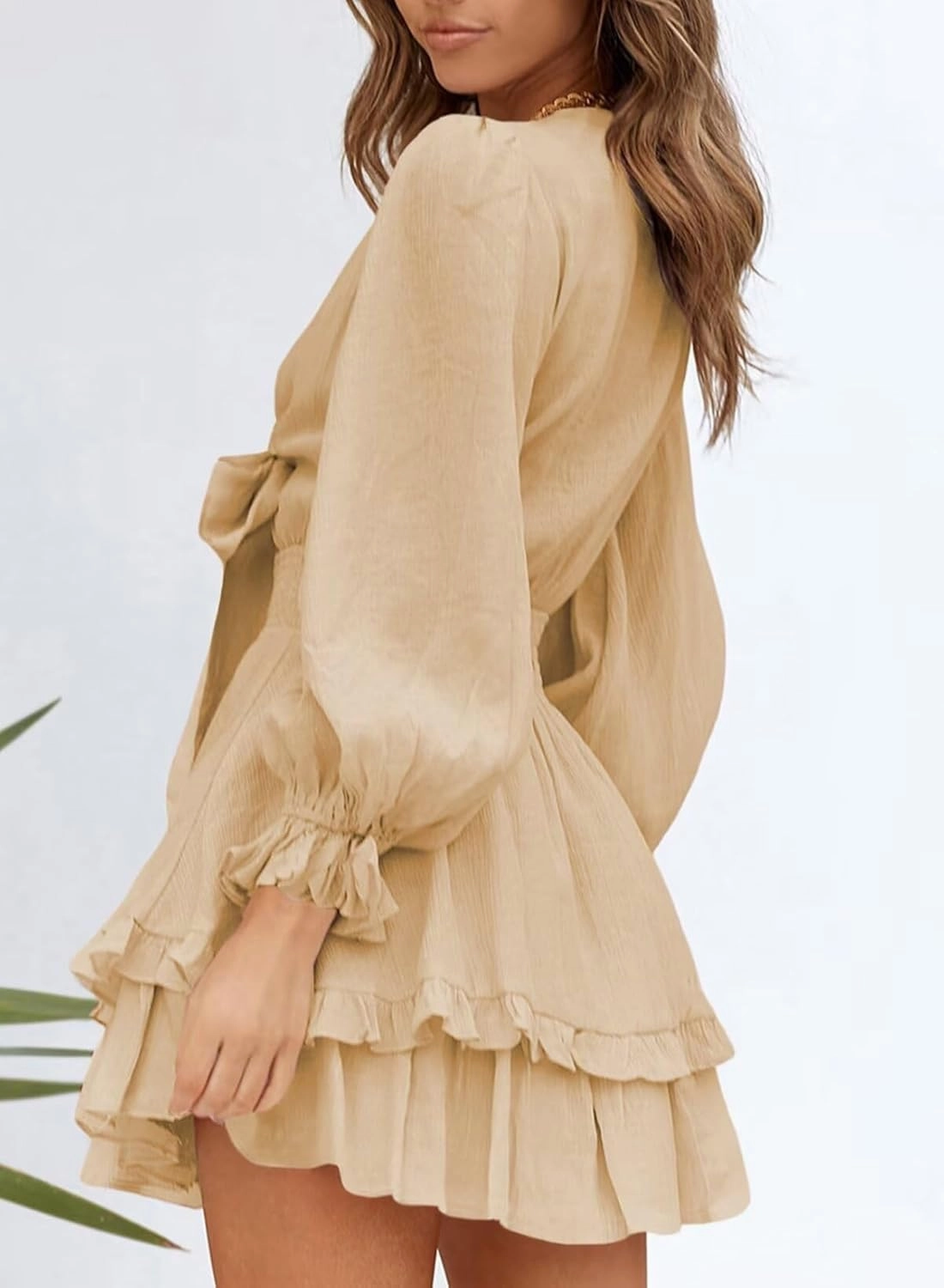 Dokotoo Womens Casual Spring Summer 2025 Deep V Neck Knotted Tiered Chiffon Elegant Mini Short Swing Skater Dresses
