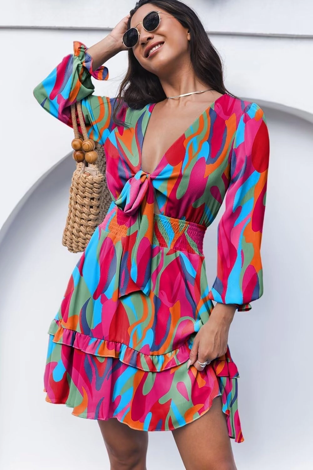 Dokotoo Womens Casual Spring Summer 2025 Deep V Neck Knotted Tiered Chiffon Elegant Mini Short Swing Skater Dresses