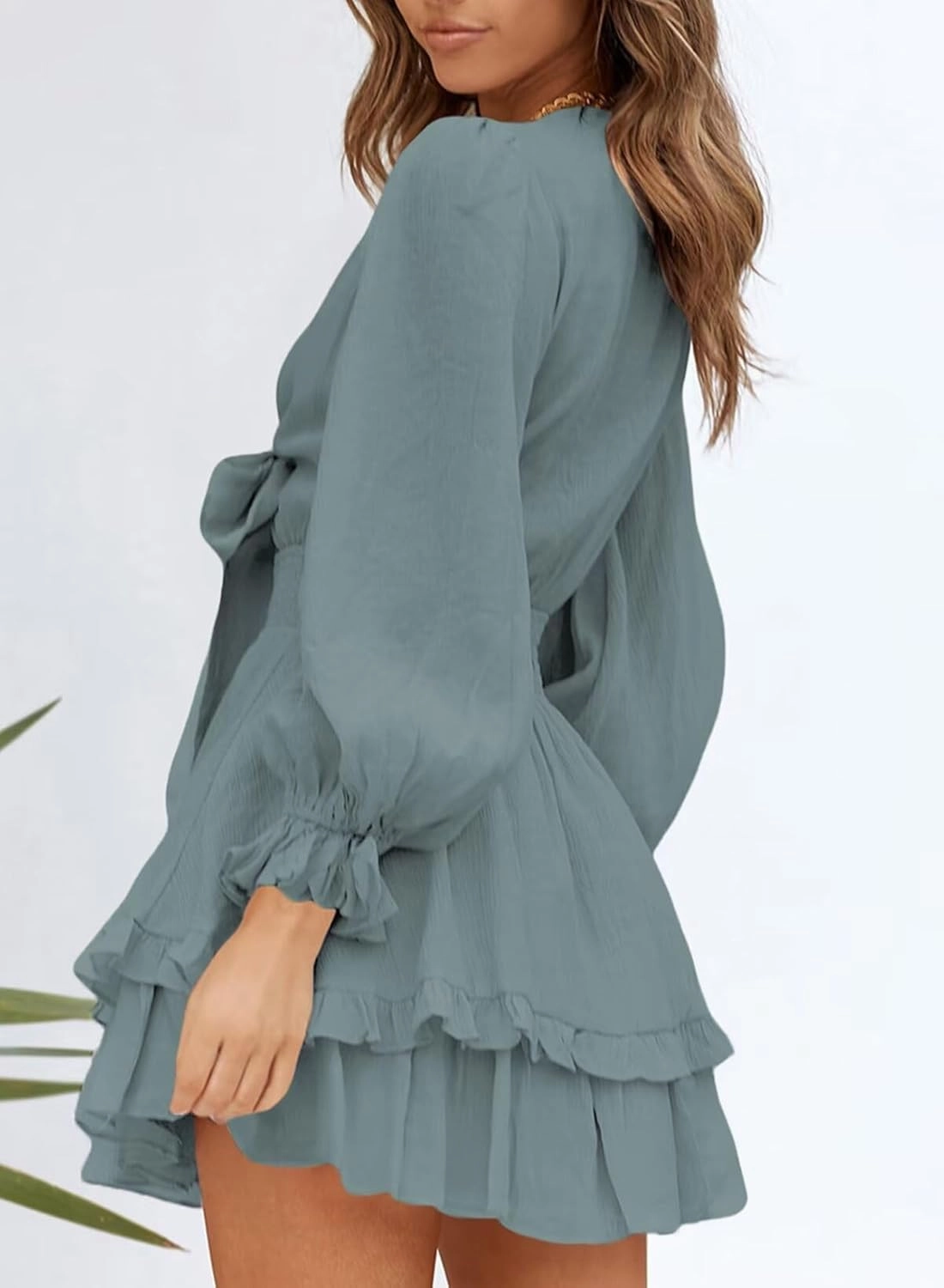 Dokotoo Womens Casual Spring Summer 2025 Deep V Neck Knotted Tiered Chiffon Elegant Mini Short Swing Skater Dresses