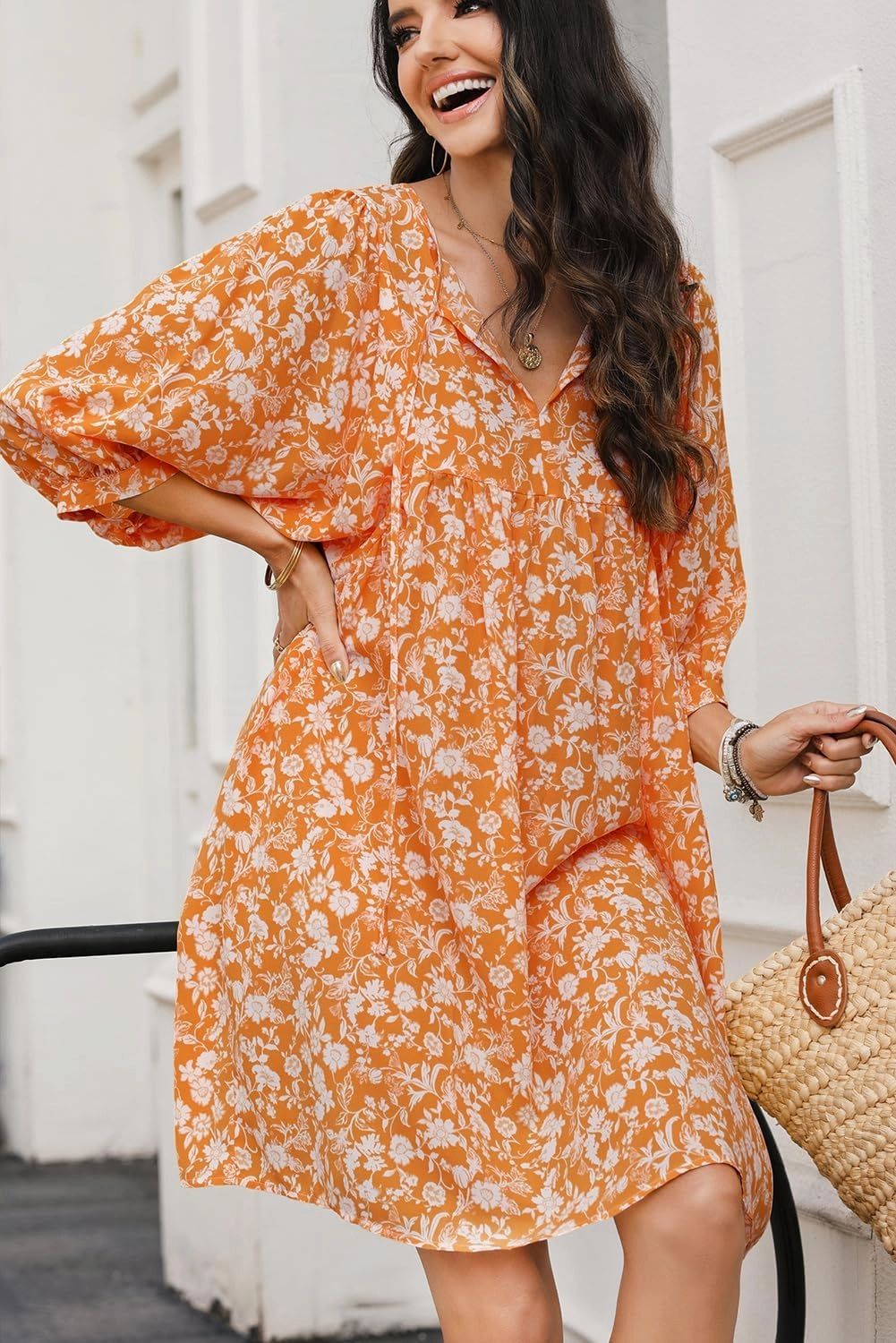 Dokotoo Womens Summer Dresses 2025 Boho Floral Drawstring V Neck Chiffon Lantern Sleeve Beach Vacation Mini Dress Sundress