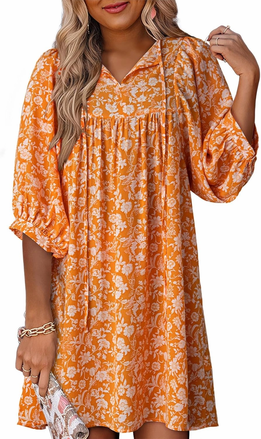 Dokotoo Womens Summer Dresses 2025 Boho Floral Drawstring V Neck Chiffon Lantern Sleeve Beach Vacation Mini Dress Sundress