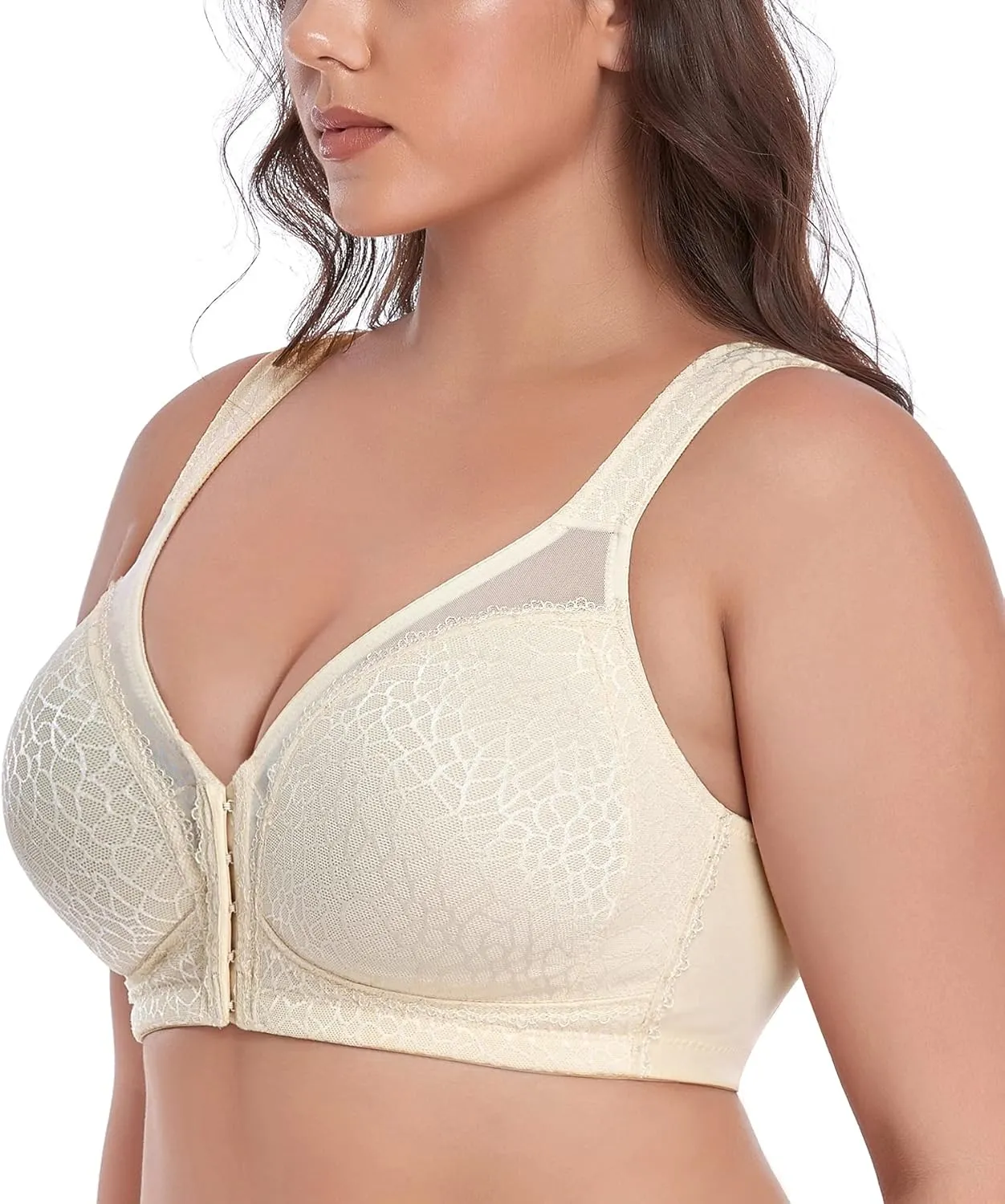 DotVol Women's Full Figure Front Closure Wirefree Jacquard Back Support Posture Bra