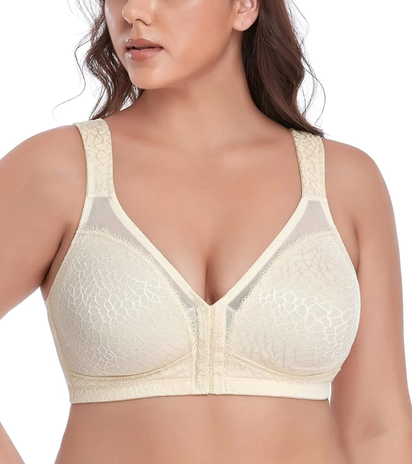 DotVol Women's Full Figure Front Closure Wirefree Jacquard Back Support Posture Bra
