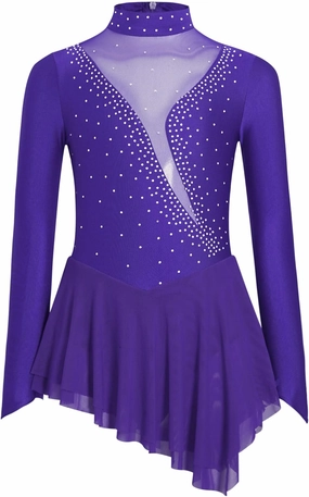 easyforever Kids Girls Mesh Patchwork Roller Figure Ice Skating Dress Shiny Rhinestone Ballet Leotard Dress Dancewear