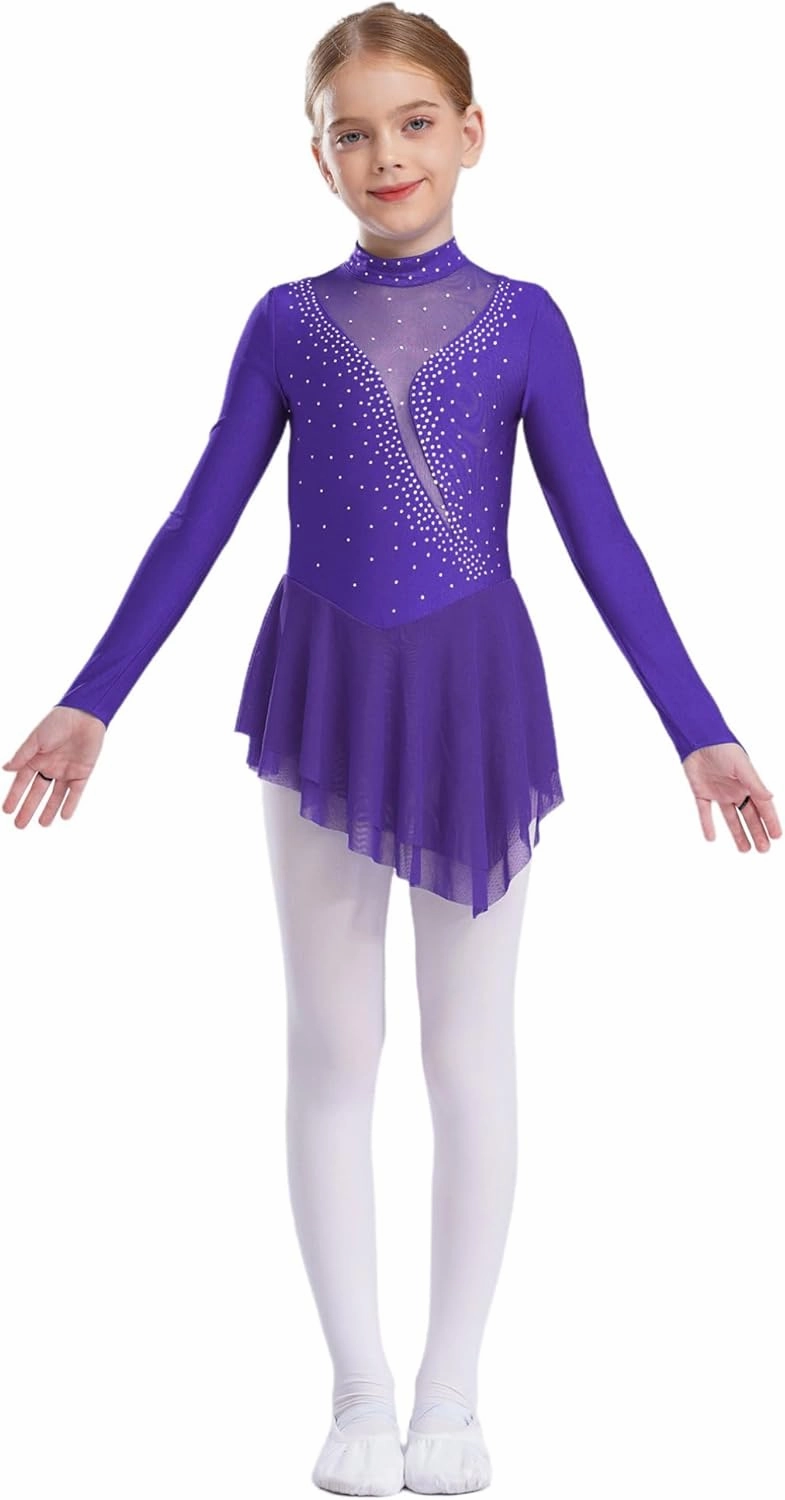 easyforever Kids Girls Mesh Patchwork Roller Figure Ice Skating Dress Shiny Rhinestone Ballet Leotard Dress Dancewear