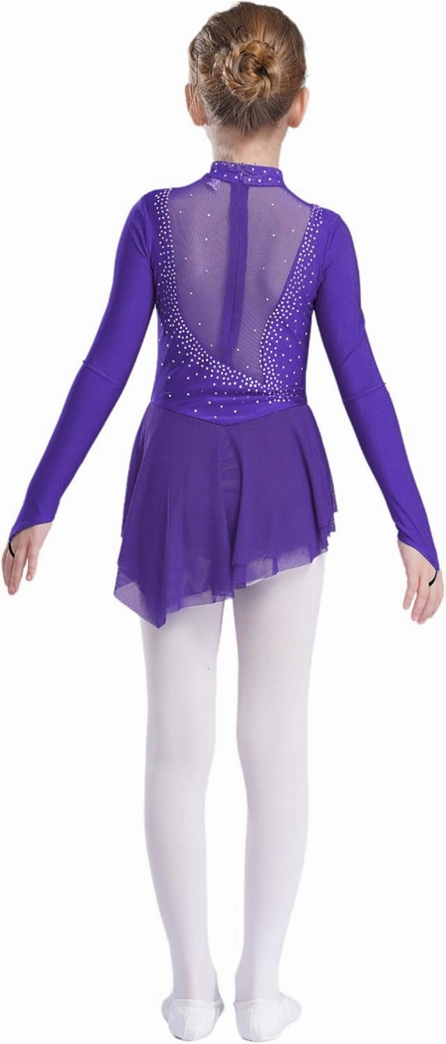 easyforever Kids Girls Mesh Patchwork Roller Figure Ice Skating Dress Shiny Rhinestone Ballet Leotard Dress Dancewear
