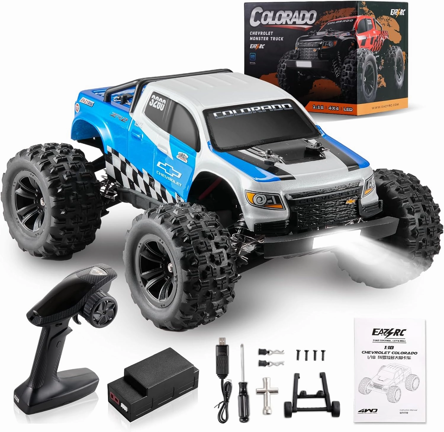 EAZYRC Brushless Fast RC Cars for Adults, 1/18 Chevrolet Colorado 4X4 Offroad RC Truck, RTR High Speed 45 km/h Hobby Electric RC Monster Trucks, Blue
