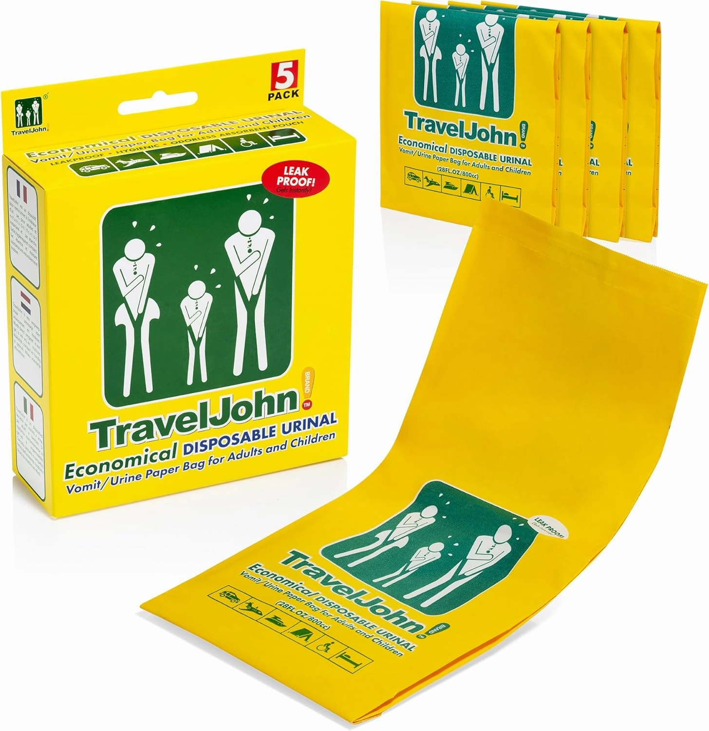 Economical Urine/Vomit Bag for All Genders & Ages (5 Pack) Designed for Emergencies, Travel, Camping, Long Car Rides and More - 28oz/800ml Capacity (TJ1P)