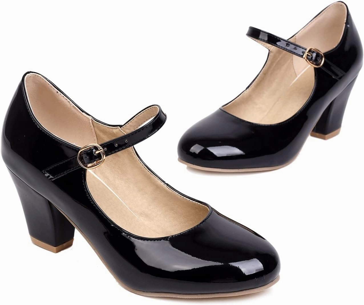 Elbslutt Women's Patent Leather Block Heel Mary Janes Retro Rockabilly Shoes Ankle Strap Chunky Pumps Work Office Dress Shoes