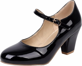 Elbslutt Women's Patent Leather Block Heel Mary Janes Retro Rockabilly Shoes Ankle Strap Chunky Pumps Work Office Dress Shoes