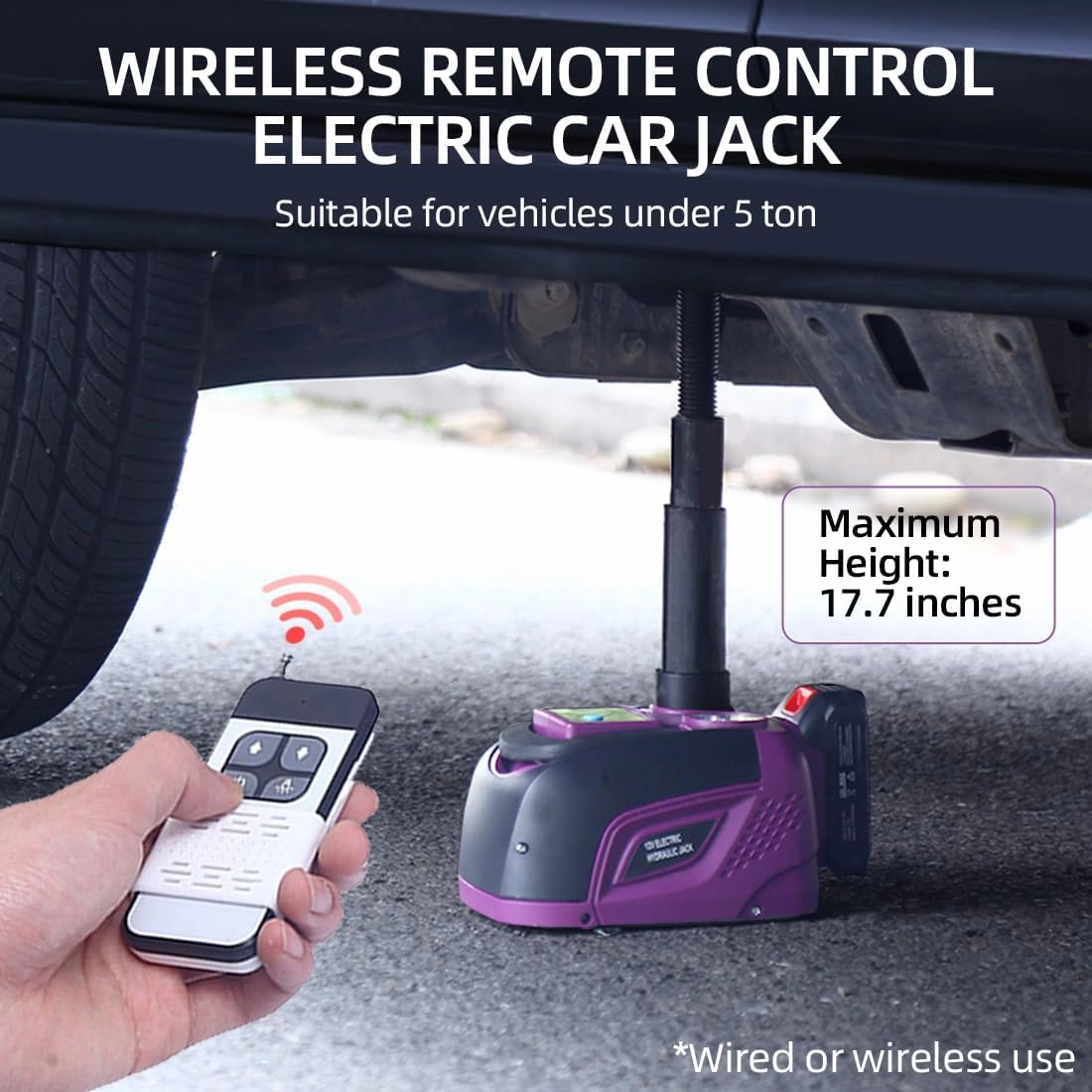 Electric Car Jack Hydraulic Cordless Remote Control 5 Ton 18V Small Portable Cordless Floor Jack Lift for SUV Sedan Vehicle MPV Car Change Tire Emergency Repair Tyre Purple