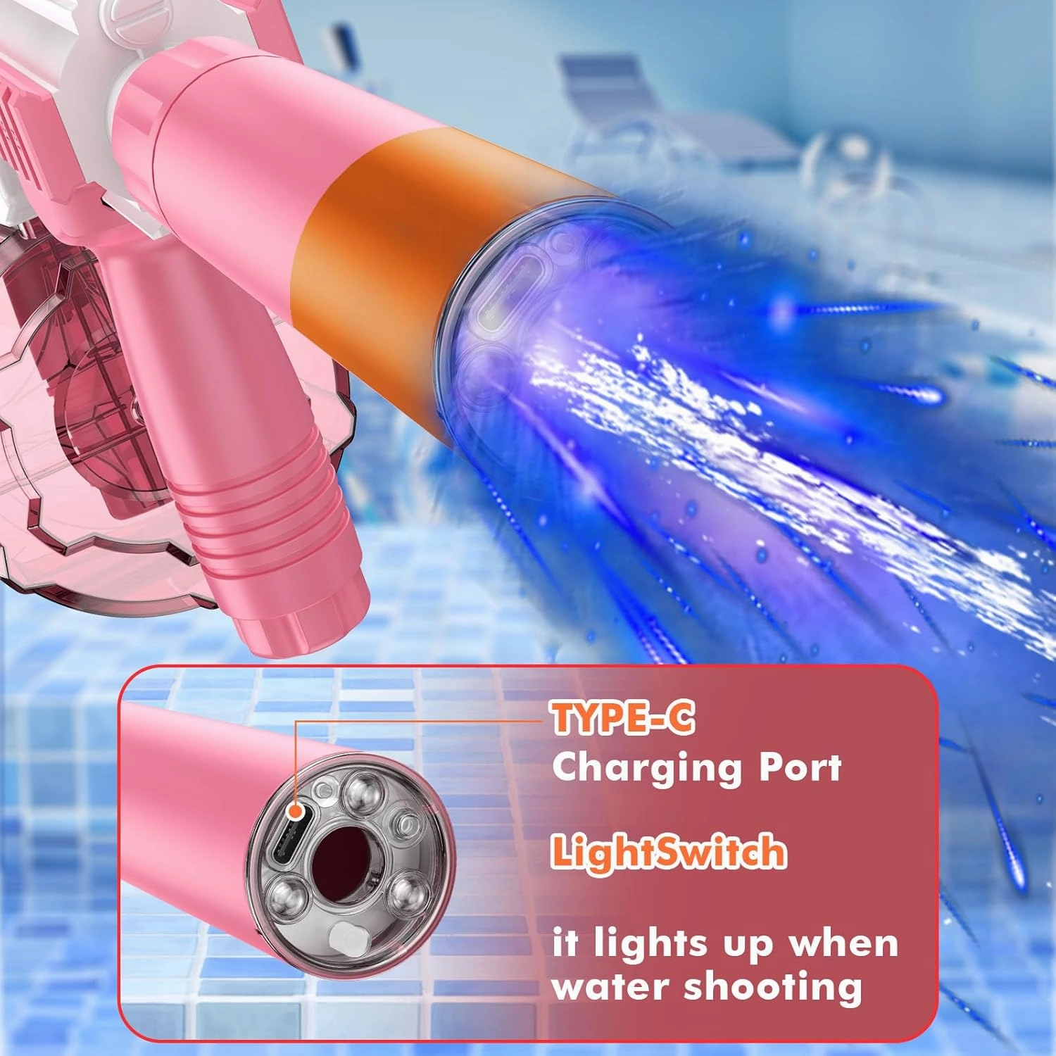 Electric Water Gun Toy with Light, Automatic Water Gun with up to 32 Ft Long Range, Summer Outdoor Toys Swimming Pool Party Beach Activity, Pink