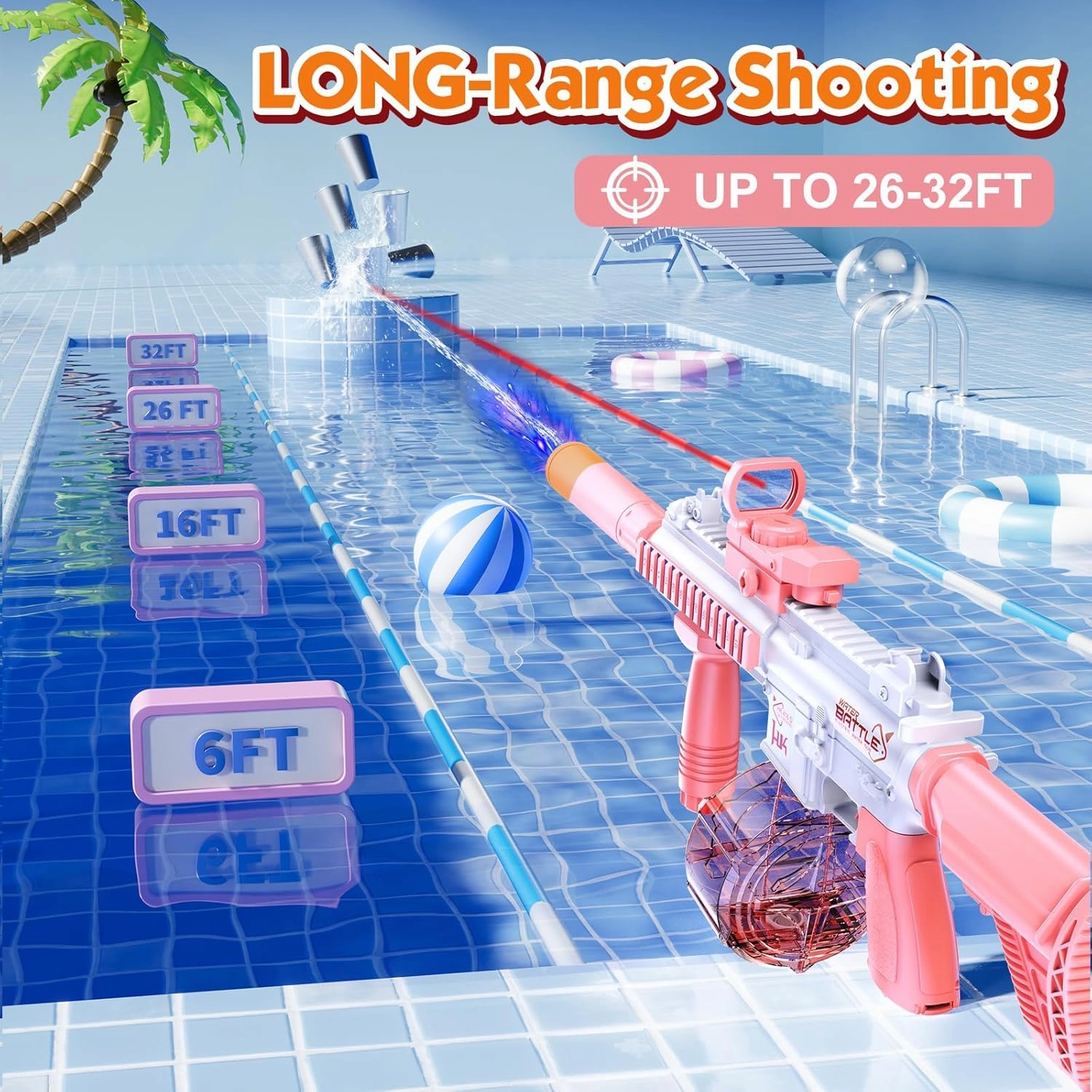 Electric Water Gun Toy with Light, Automatic Water Gun with up to 32 Ft Long Range, Summer Outdoor Toys Swimming Pool Party Beach Activity, Pink