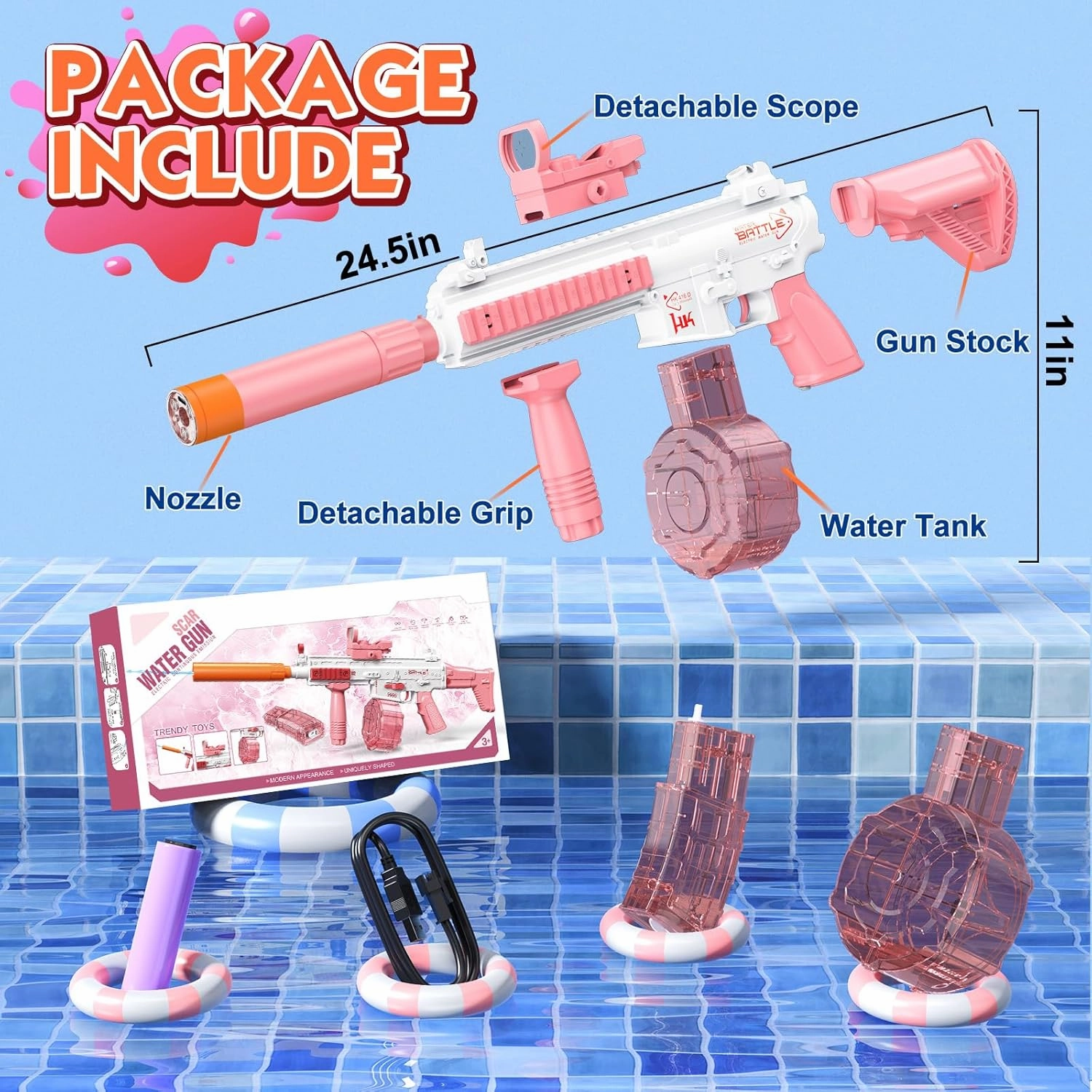 Electric Water Gun Toy with Light, Automatic Water Gun with up to 32 Ft Long Range, Summer Outdoor Toys Swimming Pool Party Beach Activity, Pink