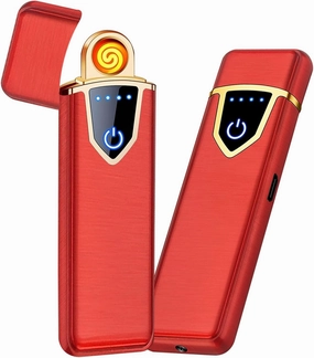Electronic lighter, rechargeable lighter touch ignition USB rechargeable electric lighter, windproof plasma candle lighter, cigarette, power indicator light flameless lighter boyfriend gift(Color:Red)