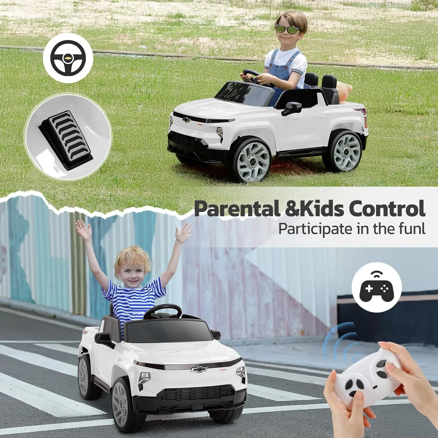 ELEMARA 12V Licensed Chevrolet Silverado Ride on Truck,Battery Powered Motorized Car,Electric Car for Kids with 2 Speed,Truck Bed Storage,Wider Seat, LED Lights,Spring Suspension,Music,Bluetooth,White