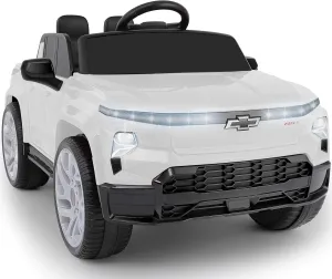 ELEMARA 12V Licensed Chevrolet Silverado Ride on Truck,Battery Powered Motorized Car,Electric Car for Kids with 2 Speed,Truck Bed Storage,Wider Seat, LED Lights,Spring Suspension,Music,Bluetooth,White