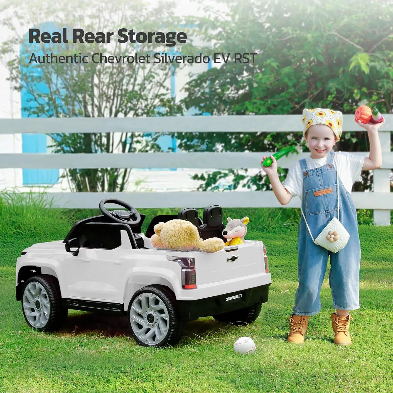 ELEMARA 12V Licensed Chevrolet Silverado Ride on Truck,Battery Powered Motorized Car,Electric Car for Kids with 2 Speed,Truck Bed Storage,Wider Seat, LED Lights,Spring Suspension,Music,Bluetooth,White