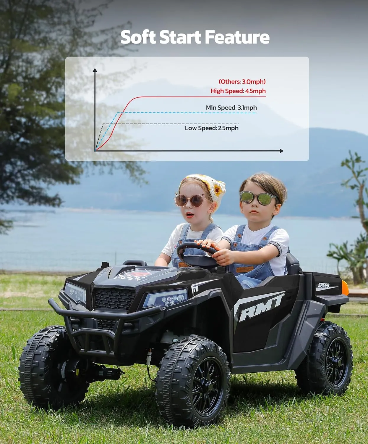 ELEMARA XL 12V Kids Electric Ride-On Truc, 2 Seater UTV with Dump Bed & Shovel, Sunshade & Shock Absorbers, 10AH Battery Ride on Toy, 3-Speed Off-Road Vehicle, LED Lights, Bluetooth Music, Black