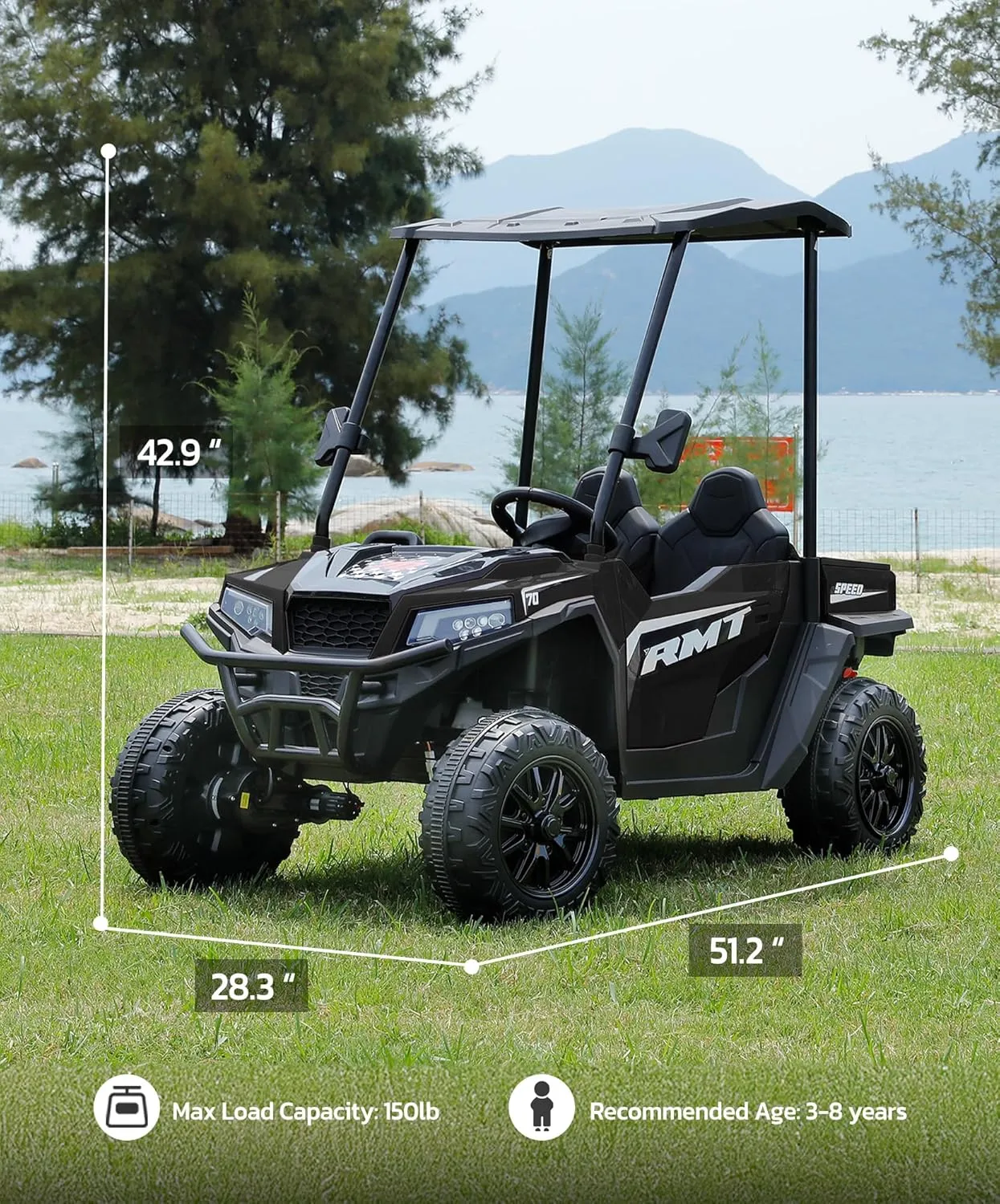 ELEMARA XL 12V Kids Electric Ride-On Truc, 2 Seater UTV with Dump Bed & Shovel, Sunshade & Shock Absorbers, 10AH Battery Ride on Toy, 3-Speed Off-Road Vehicle, LED Lights, Bluetooth Music, Black