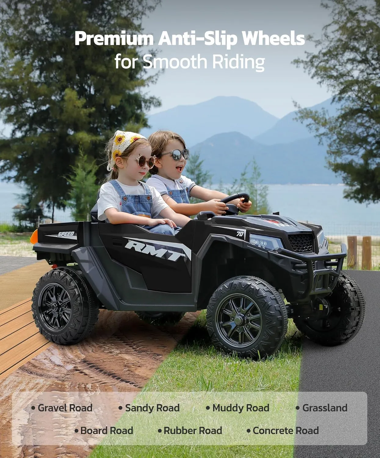 ELEMARA XL 12V Kids Electric Ride-On Truc, 2 Seater UTV with Dump Bed & Shovel, Sunshade & Shock Absorbers, 10AH Battery Ride on Toy, 3-Speed Off-Road Vehicle, LED Lights, Bluetooth Music, Black