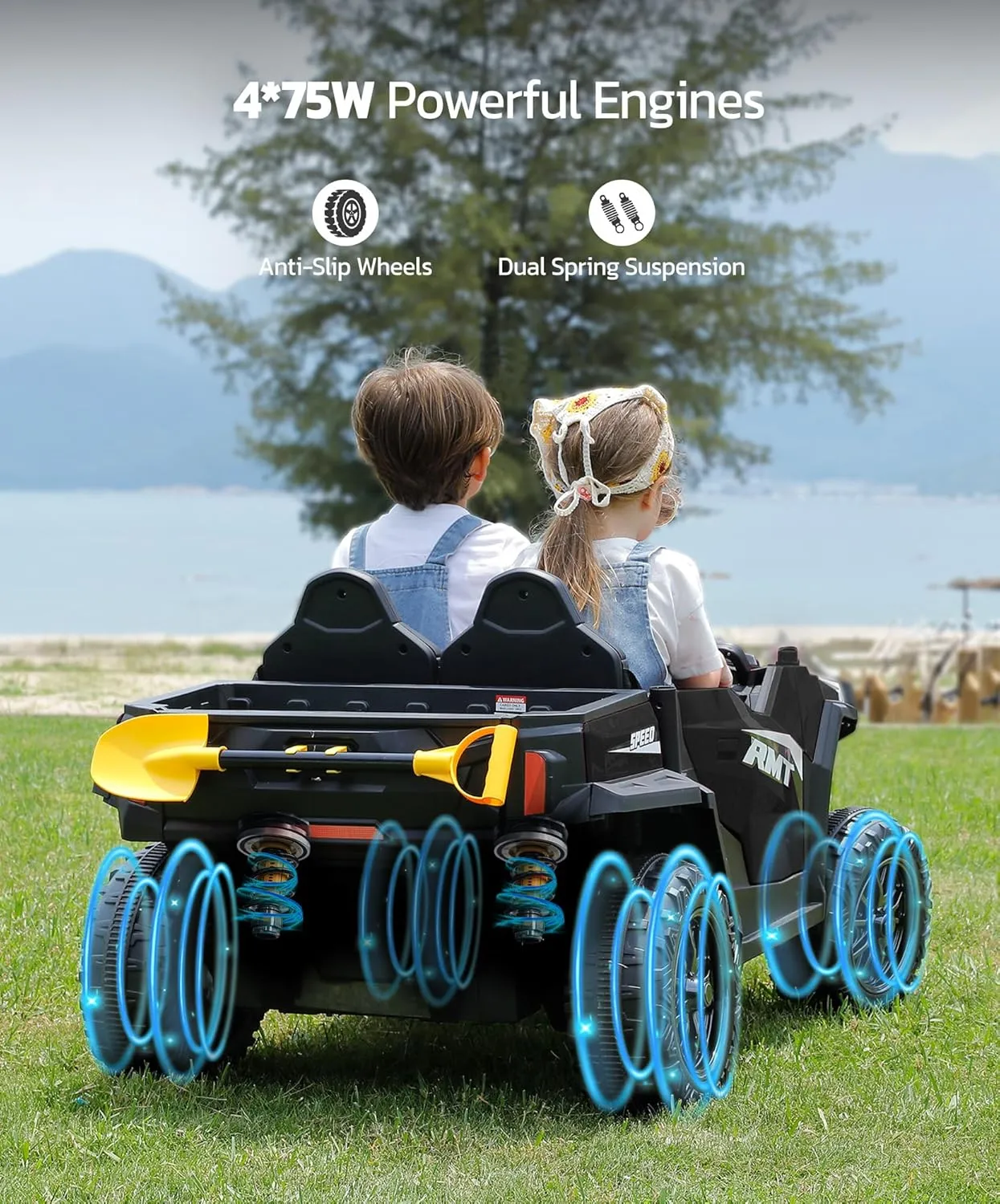 ELEMARA XL 12V Kids Electric Ride-On Truc, 2 Seater UTV with Dump Bed & Shovel, Sunshade & Shock Absorbers, 10AH Battery Ride on Toy, 3-Speed Off-Road Vehicle, LED Lights, Bluetooth Music, Black
