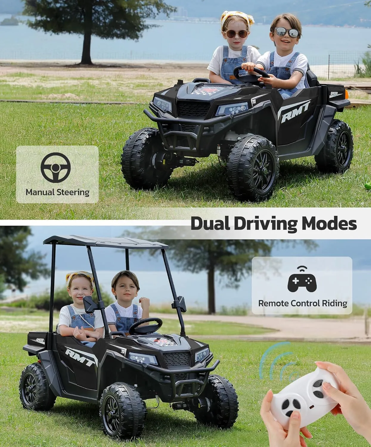 ELEMARA XL 12V Kids Electric Ride-On Truc, 2 Seater UTV with Dump Bed & Shovel, Sunshade & Shock Absorbers, 10AH Battery Ride on Toy, 3-Speed Off-Road Vehicle, LED Lights, Bluetooth Music, Black
