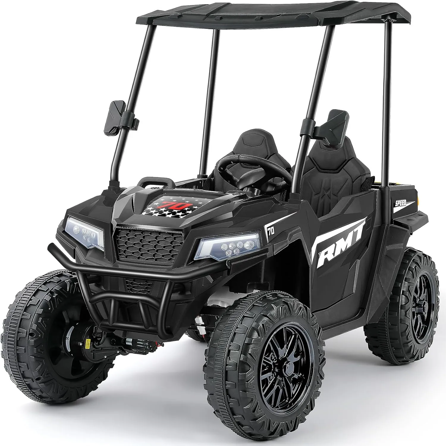 ELEMARA XL 12V Kids Electric Ride-On Truc, 2 Seater UTV with Dump Bed & Shovel, Sunshade & Shock Absorbers, 10AH Battery Ride on Toy, 3-Speed Off-Road Vehicle, LED Lights, Bluetooth Music, Black