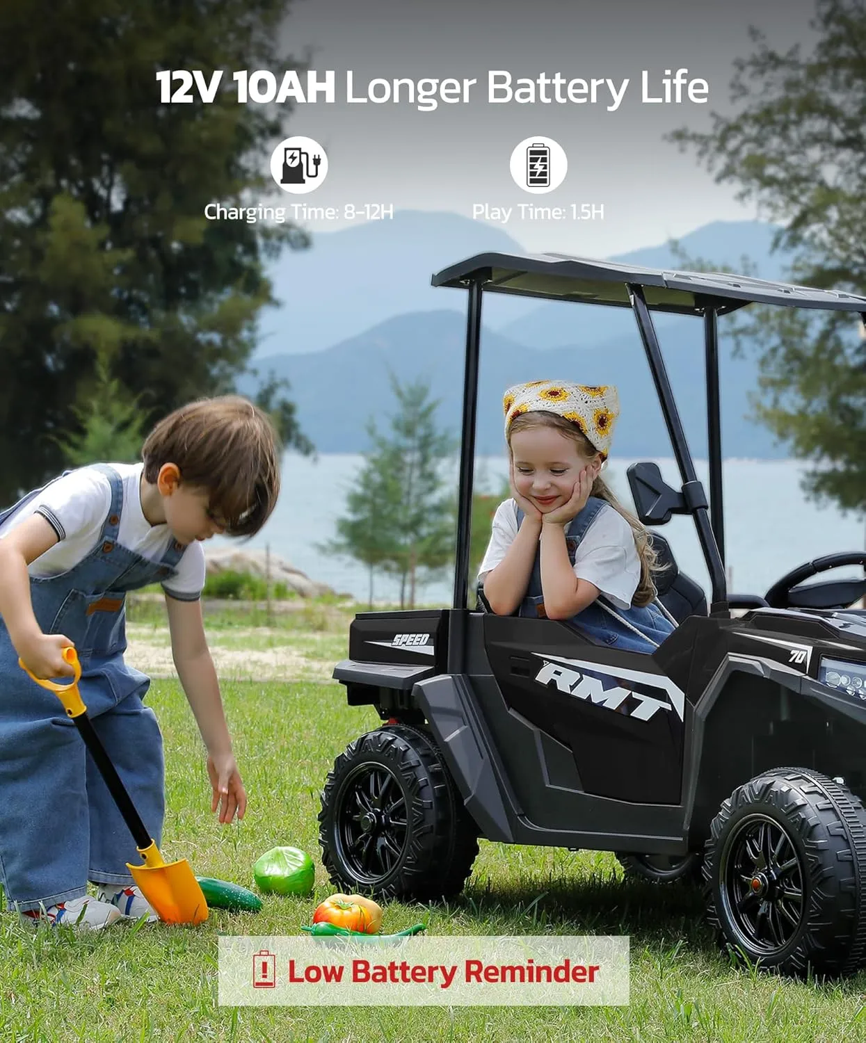 ELEMARA XL 12V Kids Electric Ride-On Truc, 2 Seater UTV with Dump Bed & Shovel, Sunshade & Shock Absorbers, 10AH Battery Ride on Toy, 3-Speed Off-Road Vehicle, LED Lights, Bluetooth Music, Black