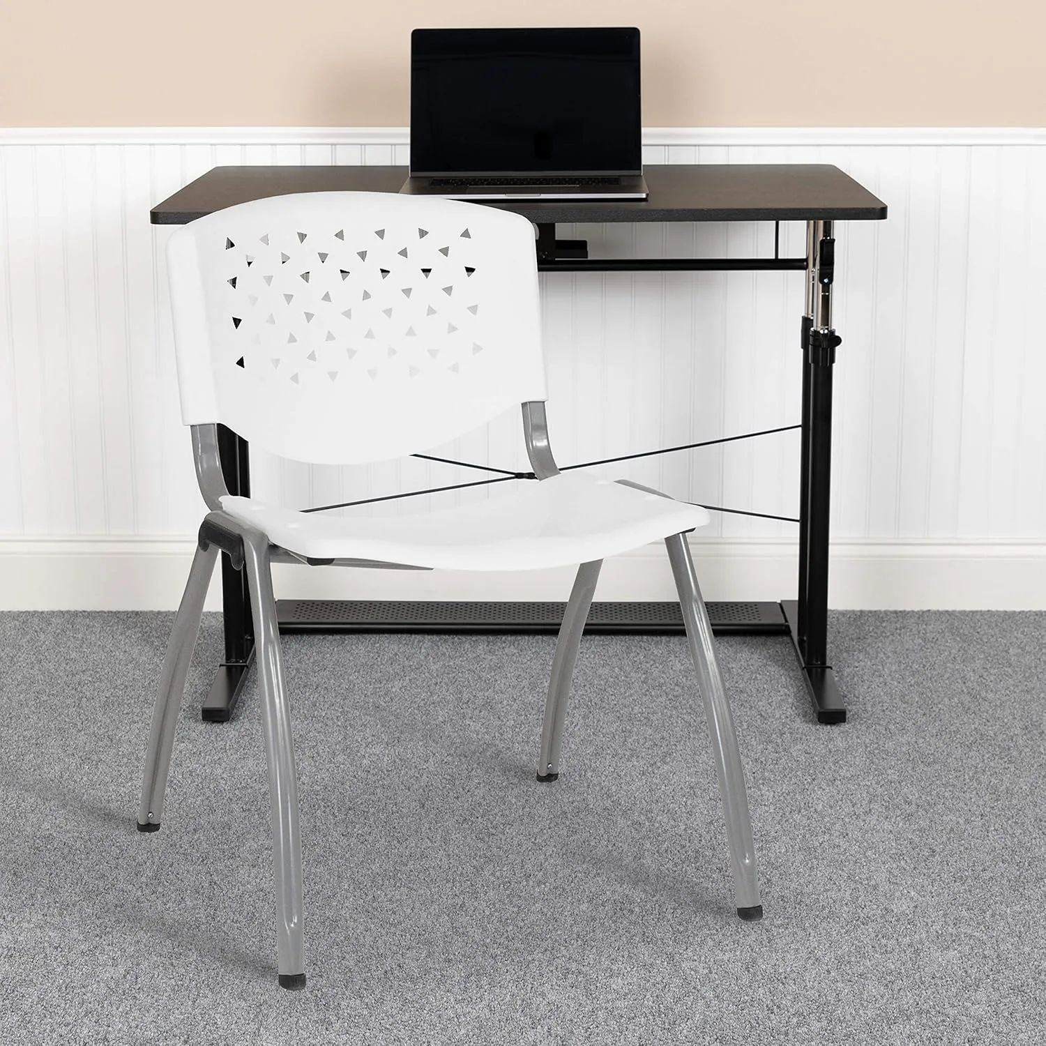 EMMA   OLIVER Home and Office White Plastic Stack Chair with Perforated Back - Guest Chair