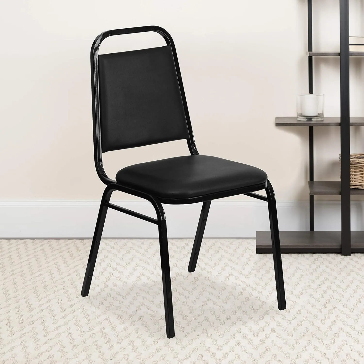 EMMA   OLIVER Trapezoidal Back Banquet Chair, Black Vinyl/Black Frame