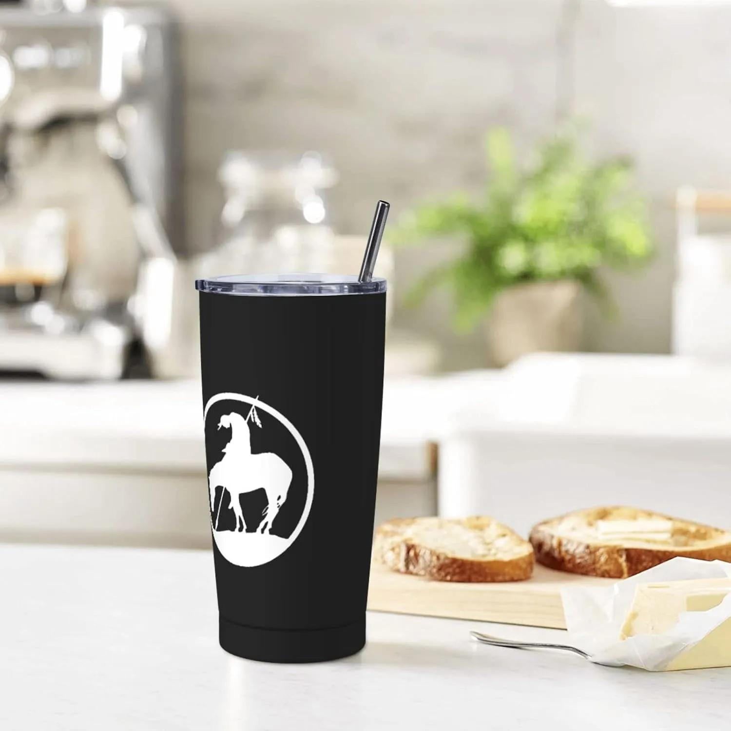 End Trail Native American Indian Warrior Cup 20oz Stainless Steel Straw Cover Cup, Car Cup, Coffee Cup, Cup With Cover Suitable For Cars And Offices Black