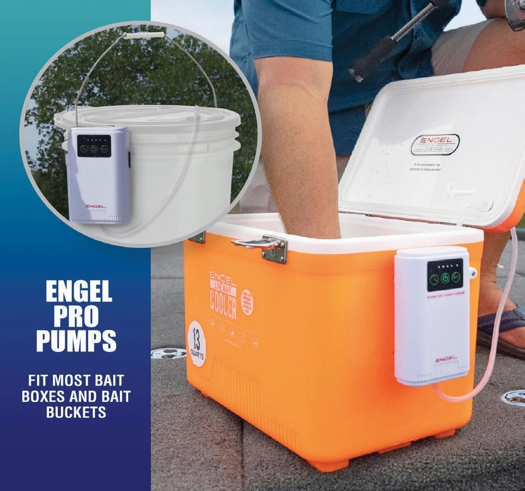 ENGEL Ultra Quiet Lithium-Ion USB Rechargeable Live Bait Aerator Pump & Bubbler with Universal Clip fits Most Bait Buckets (Tan)
