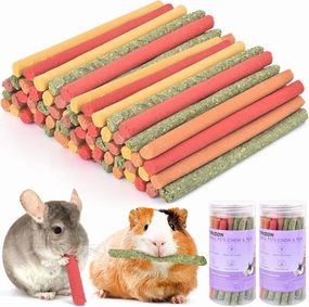 ERKOON 40Pcs Rabbit Timothy Hay Sticks, Five Flavors：PurplePotato/TimothyHay/Pumpkin/Strawberry/Carrot，Suitable Guinea Pig, Hamste, Gerbil, Chinchilla Treats, Chew Toys for Teeth for Bunnies ﻿