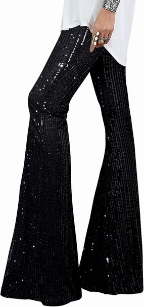 EVALESS Women Sequin Pants Sparkly Glitter High Waisted Wide Leg Flare Trousers Bell Bottom Night Out Clubwear