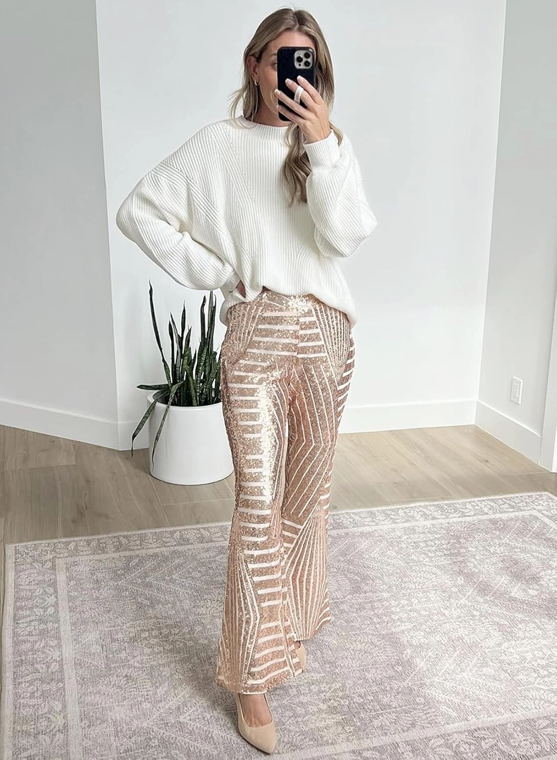 EVALESS Women Sequin Pants Sparkly Glitter High Waisted Wide Leg Flare Trousers Bell Bottom Night Out Clubwear