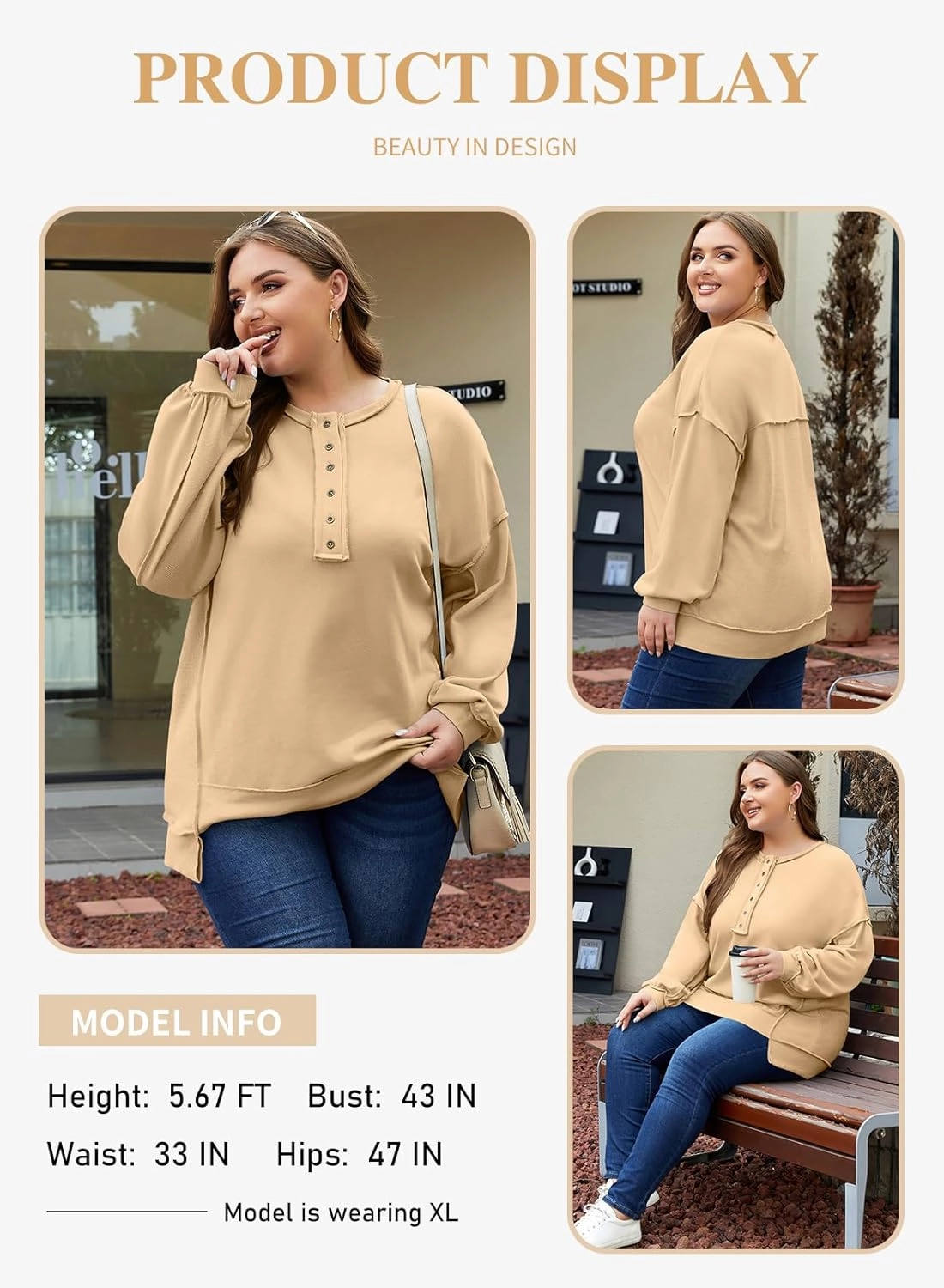 Eytino Women's Plus Size Sweatshirts Button Henley Neck Casual Long Sleeve Oversized Pullover Tops Shirts(1X-5X)