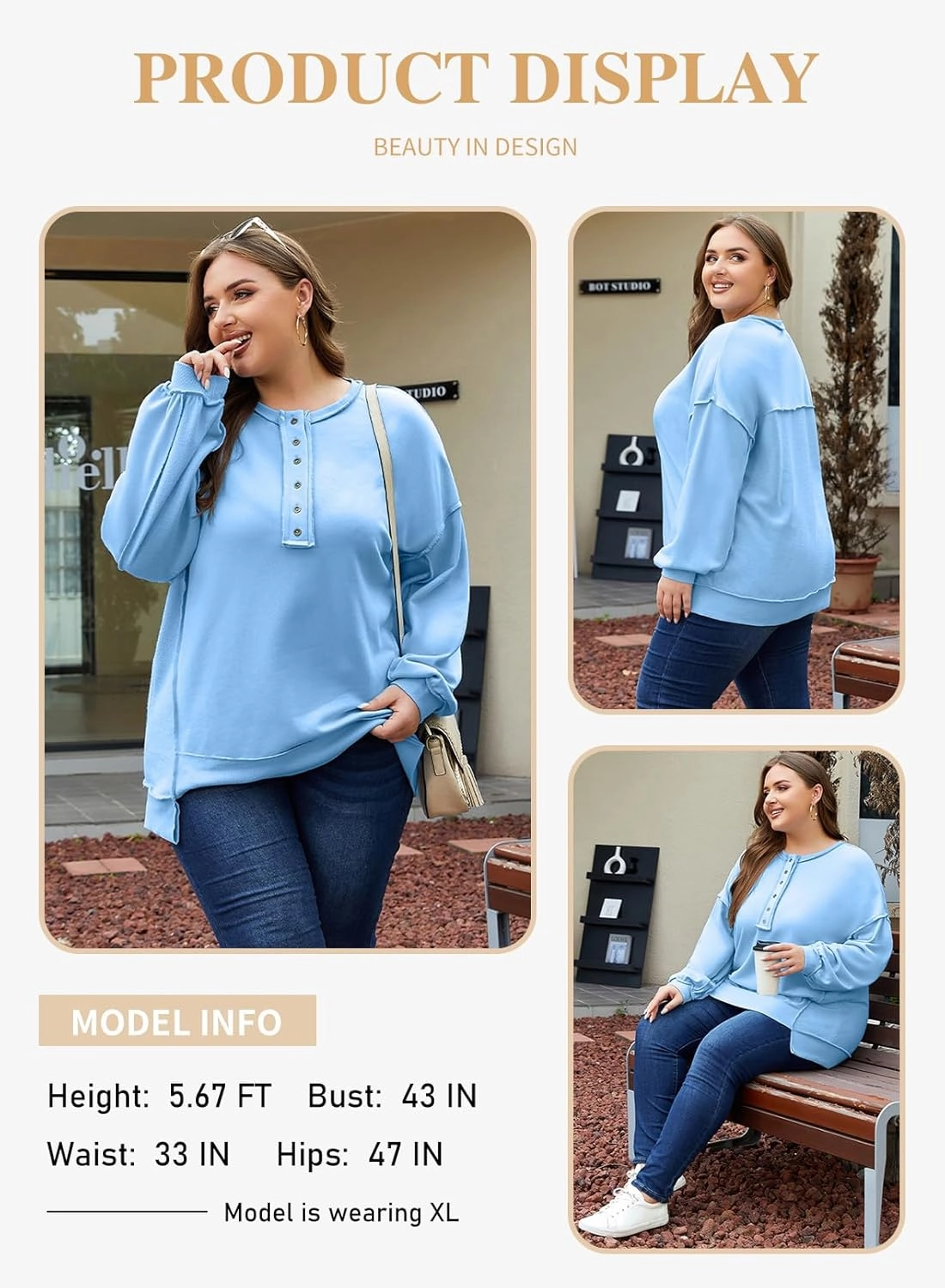 Eytino Women's Plus Size Sweatshirts Button Henley Neck Casual Long Sleeve Oversized Pullover Tops Shirts(1X-5X)