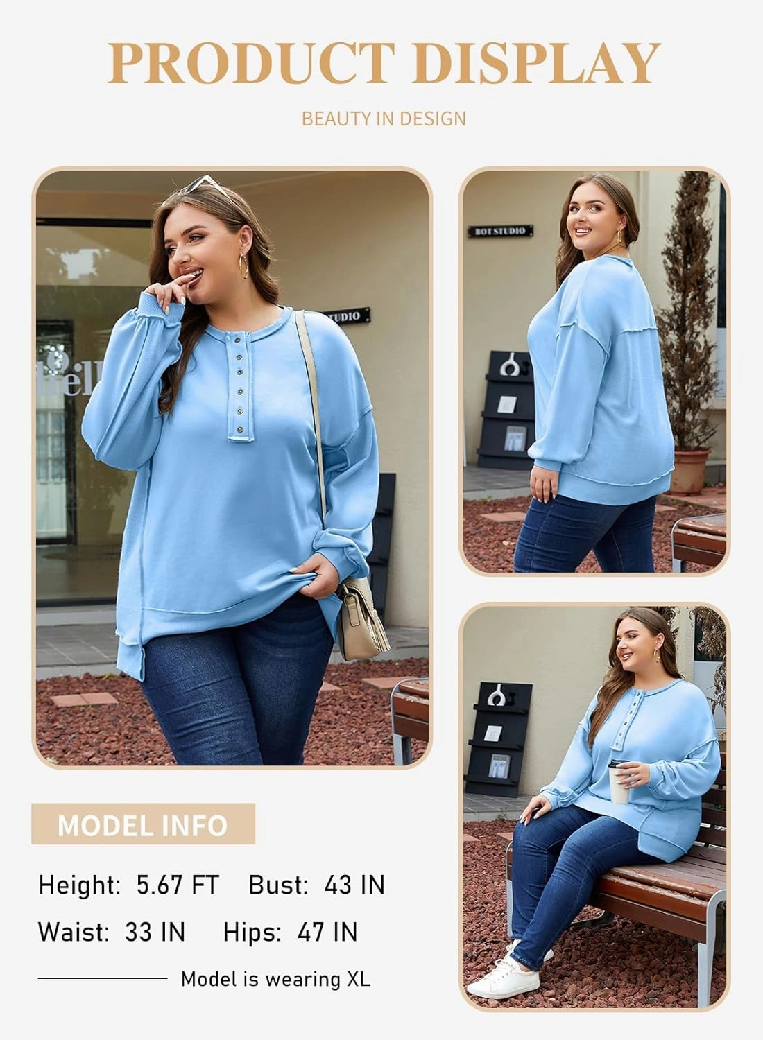 Eytino Women's Plus Size Sweatshirts Button Henley Neck Casual Long Sleeve Oversized Pullover Tops Shirts(1X-5X)