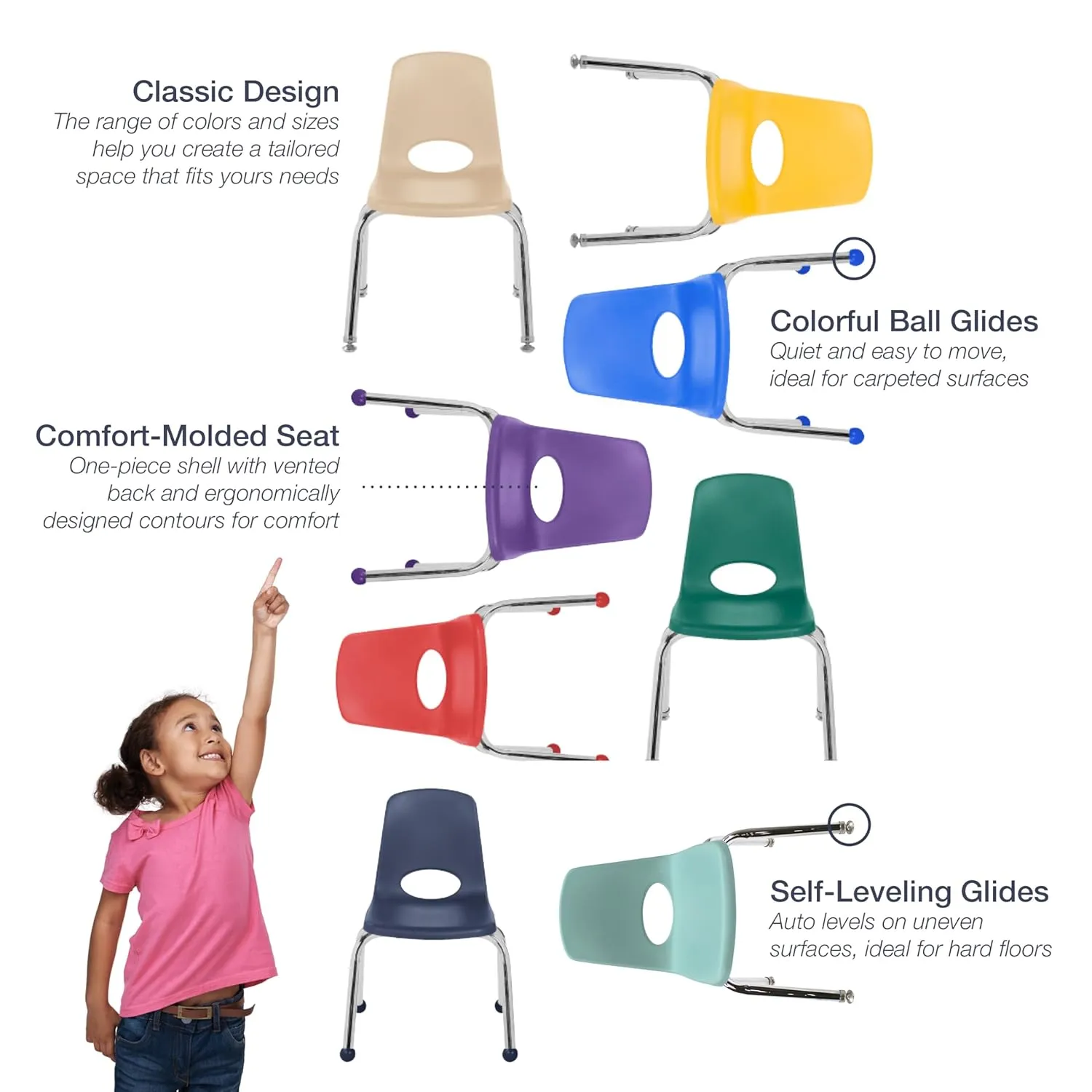 Factory Direct Partners 10364-NV 14" School Stack Chair, Stacking Student Seat with Chromed Steel Legs and Nylon Swivel Glides for in-Home Learning or Classroom - Navy (6-Pack)