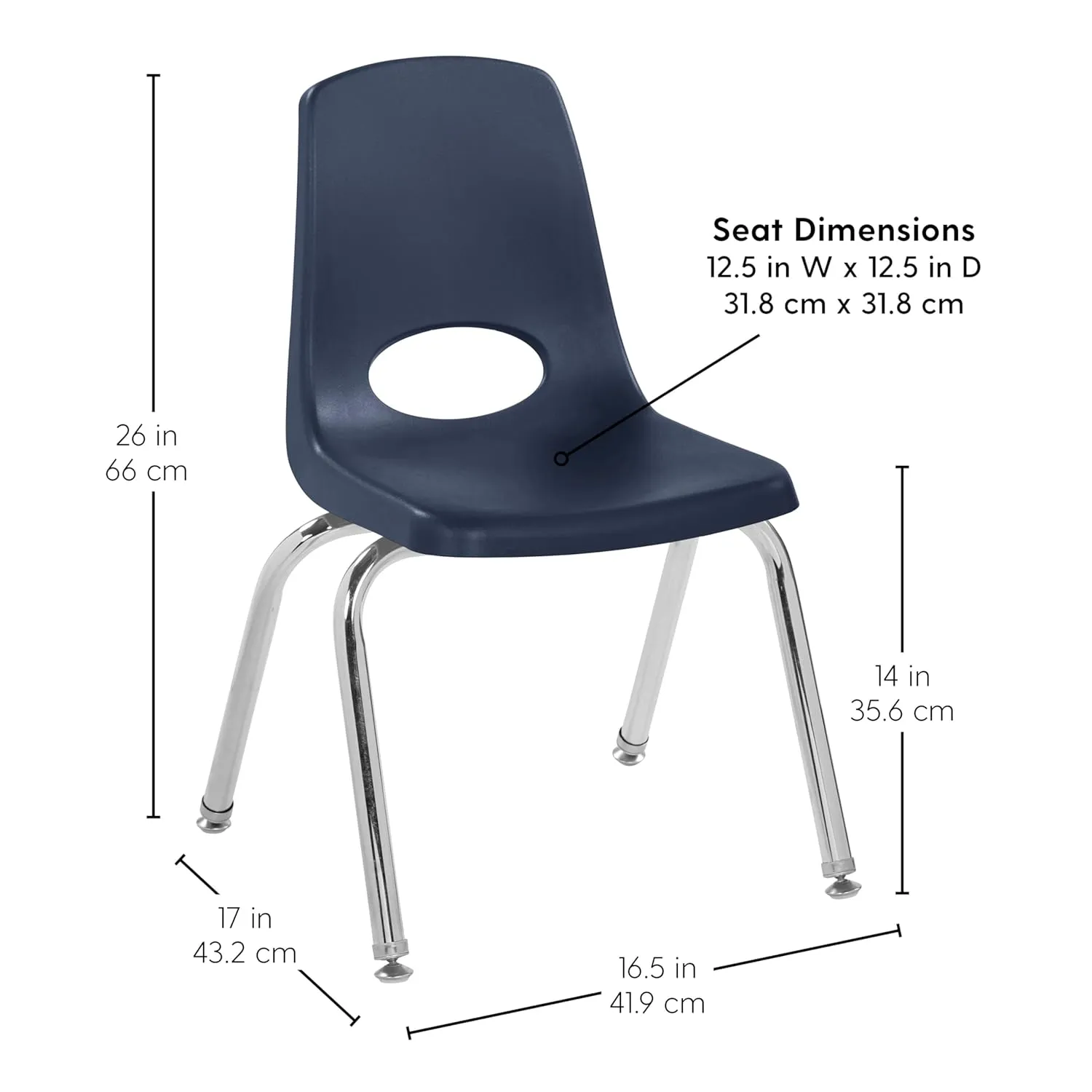 Factory Direct Partners 10364-NV 14" School Stack Chair, Stacking Student Seat with Chromed Steel Legs and Nylon Swivel Glides for in-Home Learning or Classroom - Navy (6-Pack)