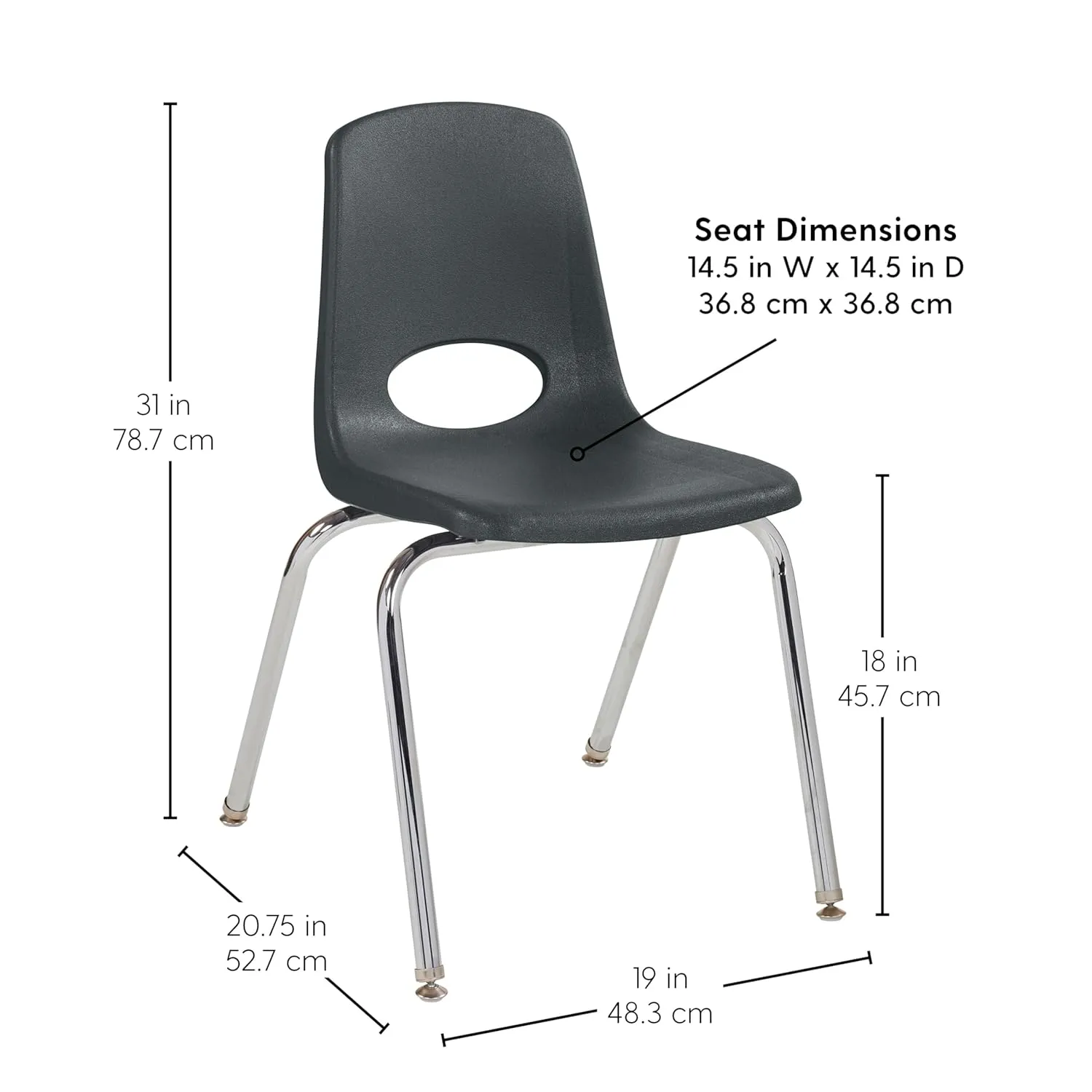 Factory Direct Partners 10384-BK 18" School Stack Chair, Stacking Student Seat with Chromed Steel Legs and Nylon Swivel Glides for in-Home Learning, Classroom or Office - Black (4-Pack)