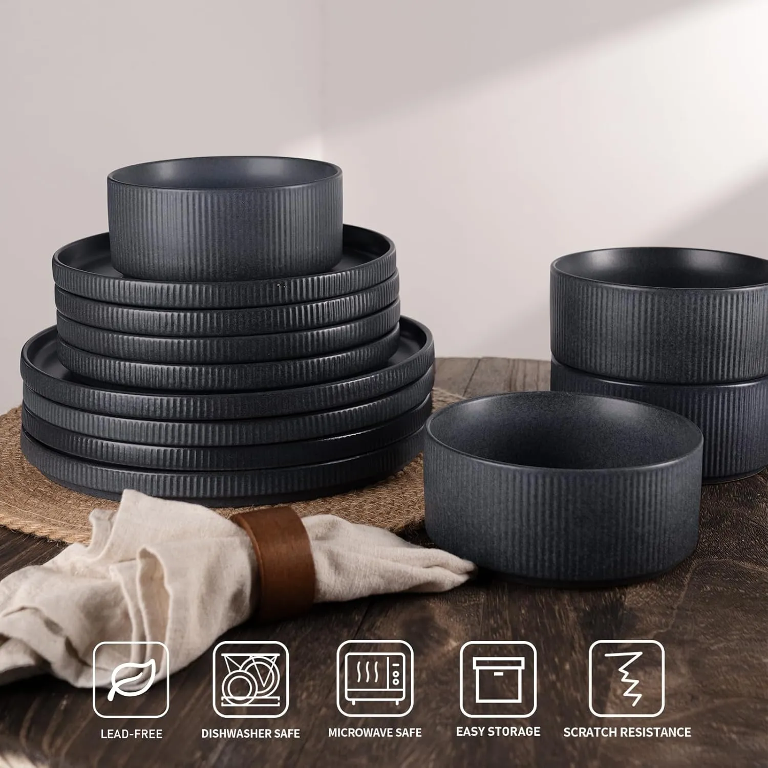 Famiware Star Dinnerware Sets, Plates and Bowls Set for 4, 12 Pieces Dish Set - Chip and Scratch Resistant, Microwave and Dishwasher Safe Kitchen Set, Matte Dark Charcoal