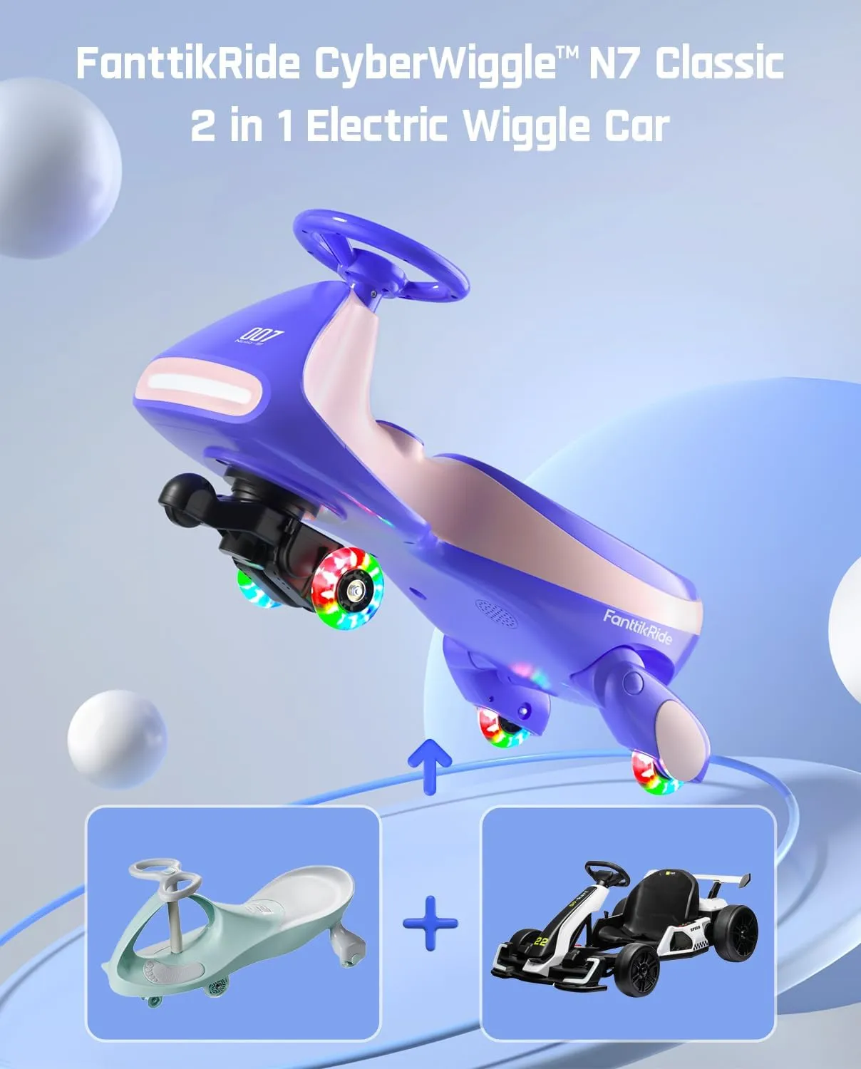 FanttikRide 6V N7 Classic Electric Wiggle Car with Pedal, Rechargeable Battery, CyberWiggle, 2 in 1 Swing Car, 2 Speed, Anti-Rollover, Flashing Wheels, Bluetooth, for Ages 3 and Up, 150 Lbs, Pink