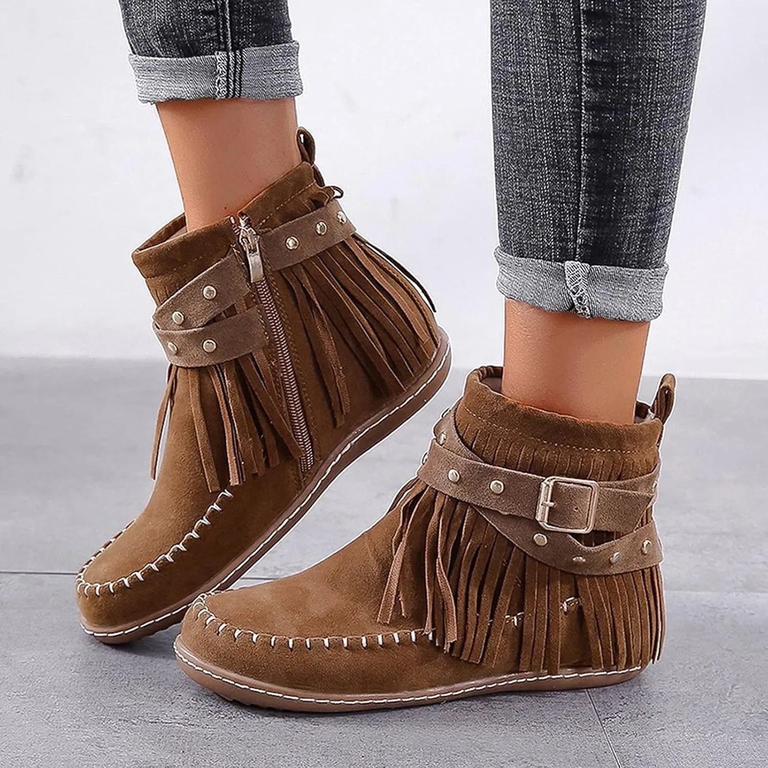 Fashion Winter Boots for Women Round Toe Suede Falt Ankle Boots Stylish Tassel Booties Comfy Slip Ons Short Boots with Adjustable Buckle Strap Fashion Casual Party Outdoor Travel Shoes