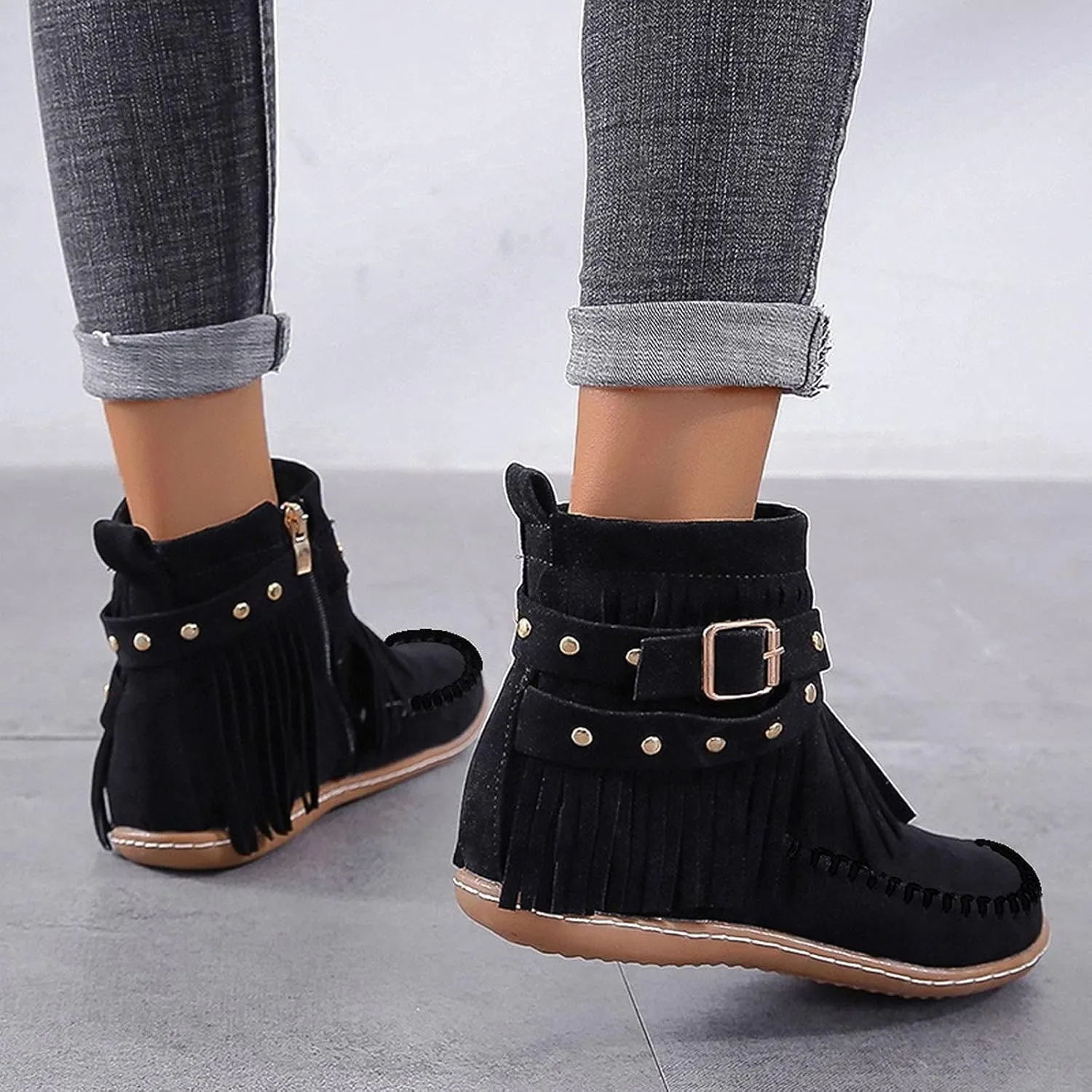 Fashion Winter Boots for Women Round Toe Suede Falt Ankle Boots Stylish Tassel Booties Comfy Slip Ons Short Boots with Adjustable Buckle Strap Fashion Casual Party Outdoor Travel Shoes