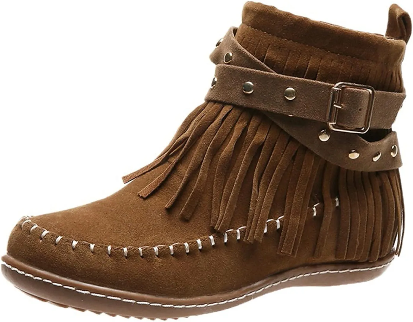 Fashion Winter Boots for Women Round Toe Suede Falt Ankle Boots Stylish Tassel Booties Comfy Slip Ons Short Boots with Adjustable Buckle Strap Fashion Casual Party Outdoor Travel Shoes